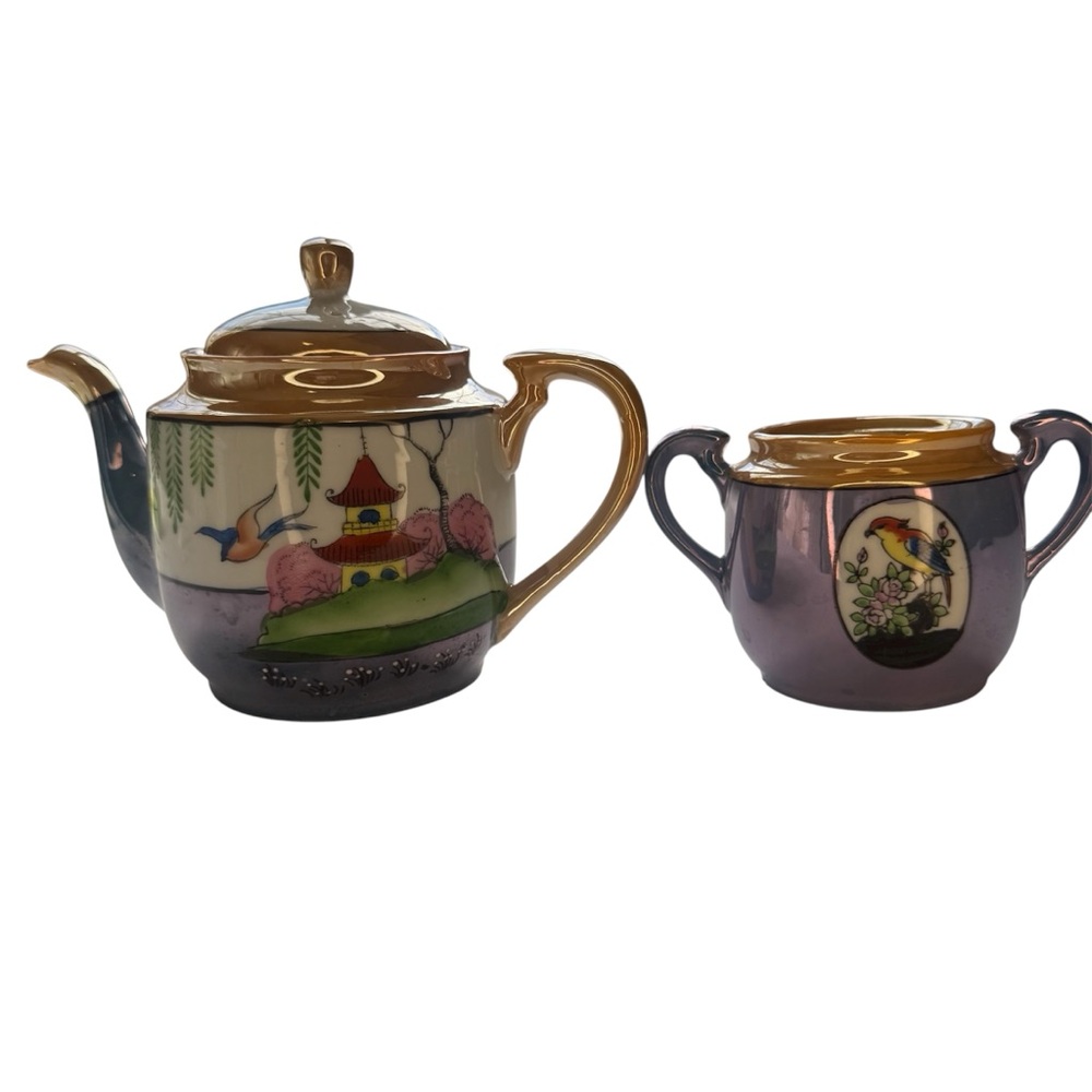 1920s Lusterware Tea Pot & Sugar Jar Rare Colors Japan Variant Blue Willow
